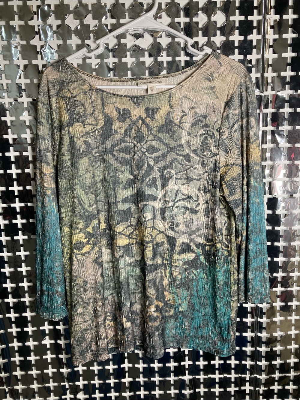 Coldwater Creek Teal, Gray & Yellow Printed Long Sleeve Top